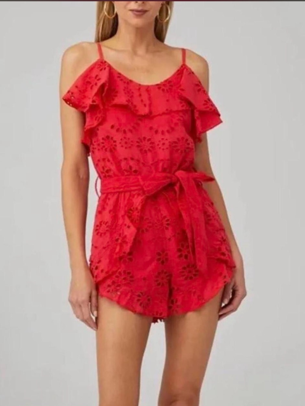 Red Eyelet Ruffle Romper with Tie Waist